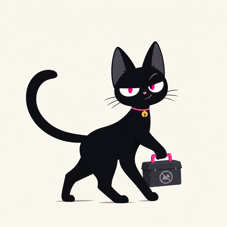 Le chat Rodilard, l’air malin, sa caisse à outils à la patte